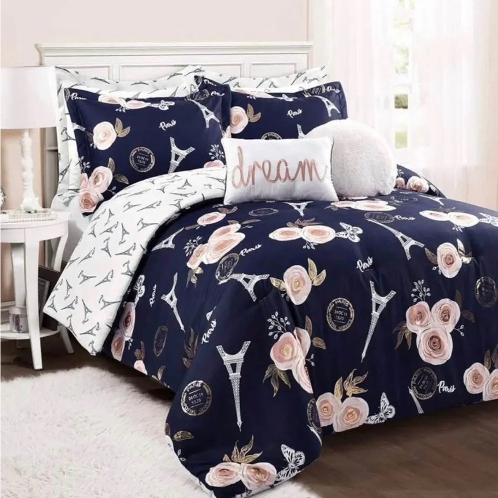 Floral Parisian Bedding Set - Navy and Pink